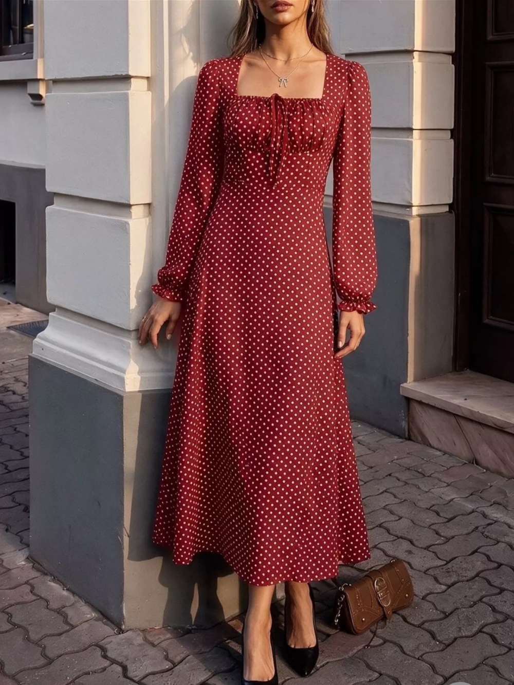 ⭐️ Square Neck Polka Dot Long Sleeve Maxi Dress